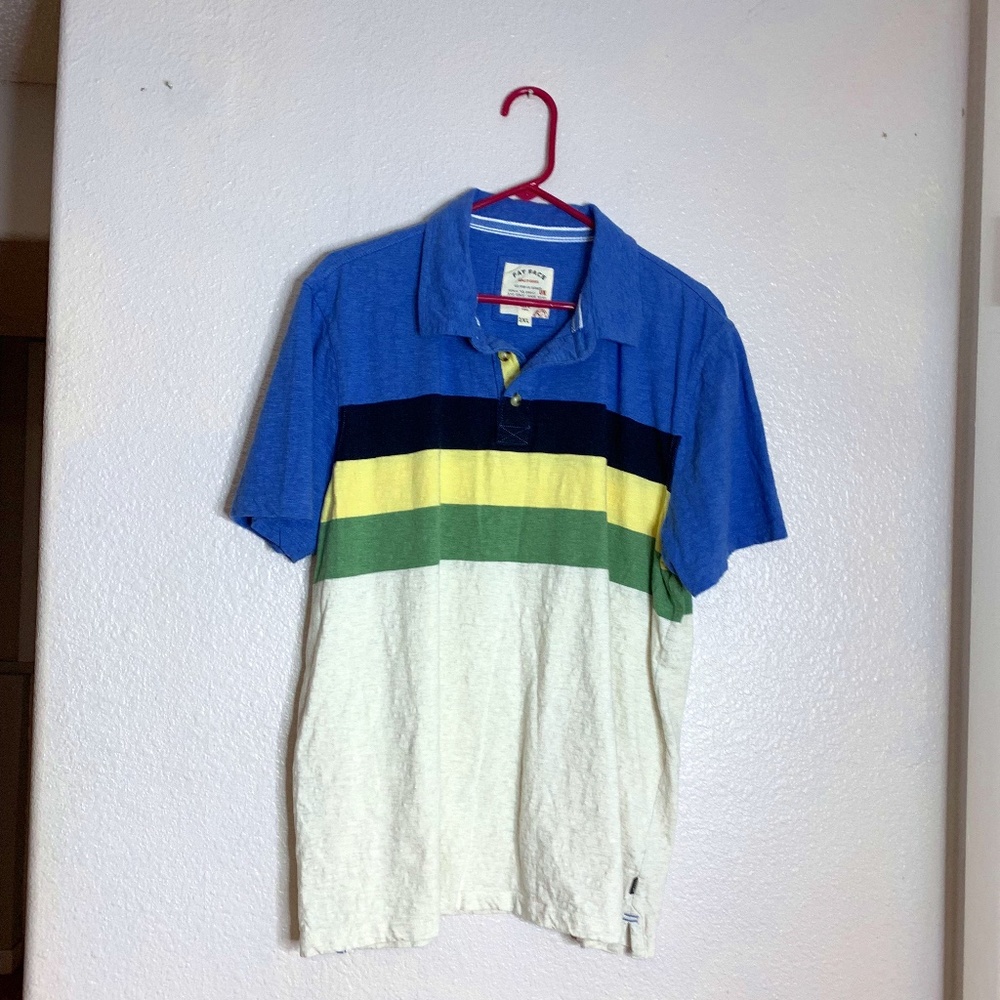 Fat Face Mens Sz 2XL Polo Colorblock Blue Sky Yellow Green Striped 1/2 Button